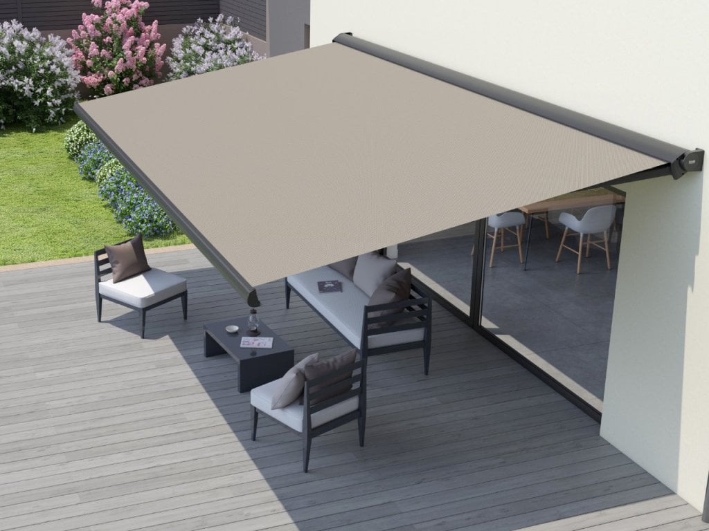 store coffre Rayy déployé sur terrasse ensoleillée