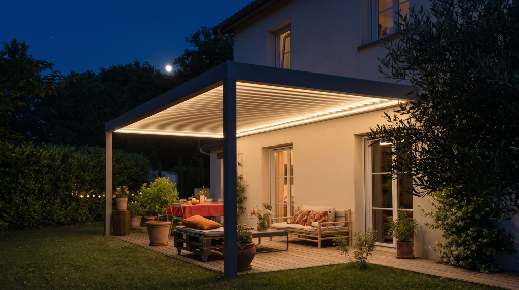 pergola sur mesure de nuit avec leds SOMFY allumés